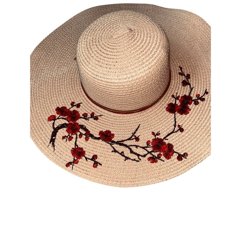 Wide Brim Pink Straw Sun Hat With Red & Black Delicate Floral Embroidery Design - Picture 6 of 8